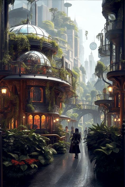 Urban Fantasy City Concept Art, Fantasy City Modern, Urban Fantasy City, Modern Fantasy City, Solarpunk Architecture, Urban Fantasy Inspiration, Elven City, Dnd Backgrounds, Academia School