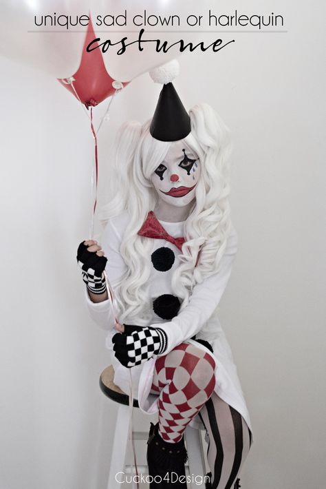 Harlequin Halloween Costume, Women’s Clown Costume Diy, Easy Diy Clown Costume For Women, Diy Scary Clown Costume, Girl Clown Halloween Costumes, Clown Costume Girl, Clown Costume Cute, Diy Clown Costume For Women, Diy Clown Costume