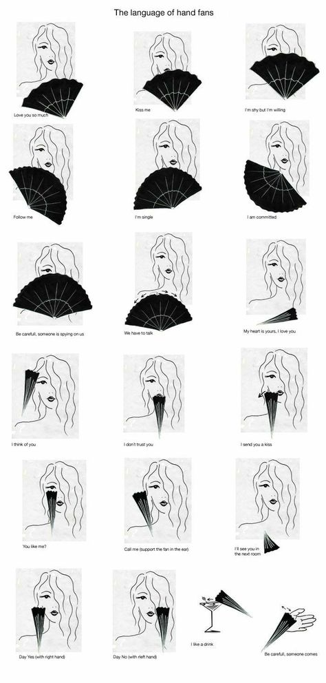 Hand Fan Pose Reference, Fan Meanings, Hand Fan Drawing Reference, Japanese Fan Language, Hand Fan Language, Hand Fan Reference, Hand Fan Meanings, Hand Fans Aesthetic, Fan Language Victorian