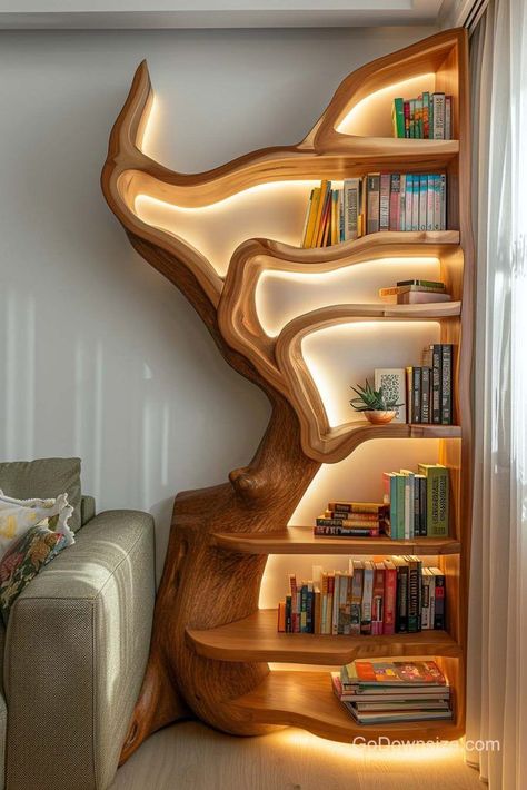 If you prefer a more artistic take, this abstract tree shelf will fit your preferences better. It turns your ordinary living room corner into a stunning storage solution. Outdoors Inside, Book Shelf, Soft Lighting, The Outdoors, Book Lovers, Interior Design, Living Room, Wood, Books