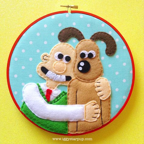 Wallace and Gromit Embroidery, 2017 (SOLD) Wallace And Gromit Cross Stitch, Wallace And Gromit, Sewing Easy, Cultural Crafts, Sewing Easy Diy, Felt Ideas, Felt Mobile, Fiber Artist, Felt Embroidery