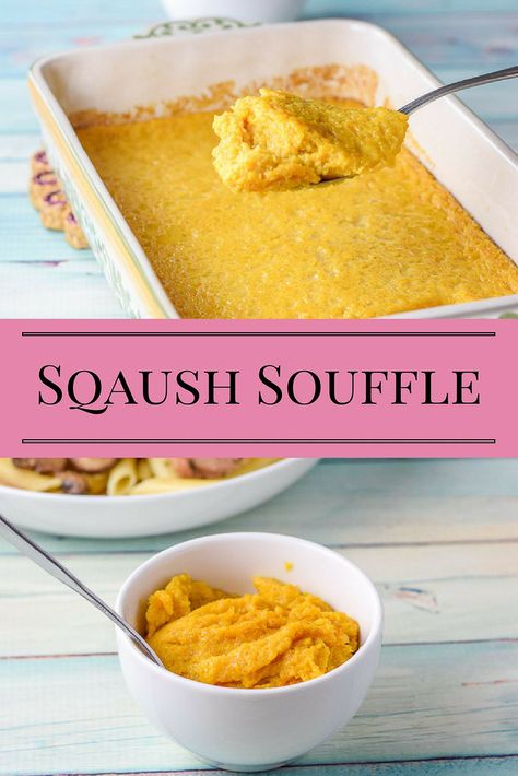 Slightly sweet but oh so yummy, this squash souffle is such a great side dish year round! http://ddel.co/sqsouf Squash Souffle Casserole, Squash Pudding Recipe, Butternut Squash Souffle Recipes, Squash Souffle Recipes, Butternut Squash Souffle, Squash Dessert, Recipe For Squash, Squash Souffle, Souffle Recipe