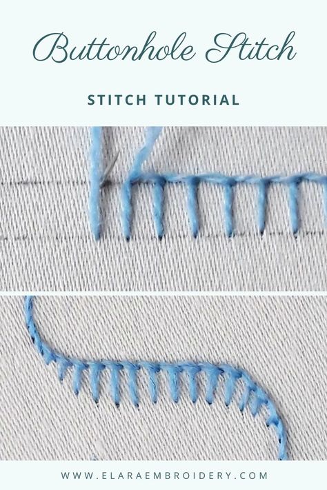 Top image - a line of buttonhole stitch being worked in blue crewel wool, showing where to bring your needle up. Bottom image - a curved line of buttonhole stitch that transitions to stem stitch at either end. Blanket Stitch Embroidery Design Ideas, Button Stitch, How To Do Crewel Embroidery, Couched Embroidery, Basic Stitches, Blanket Stitch Embroidery, Blanket Embroidery, Buttonhole Stitch, Buttonhole Stitch Tutorial