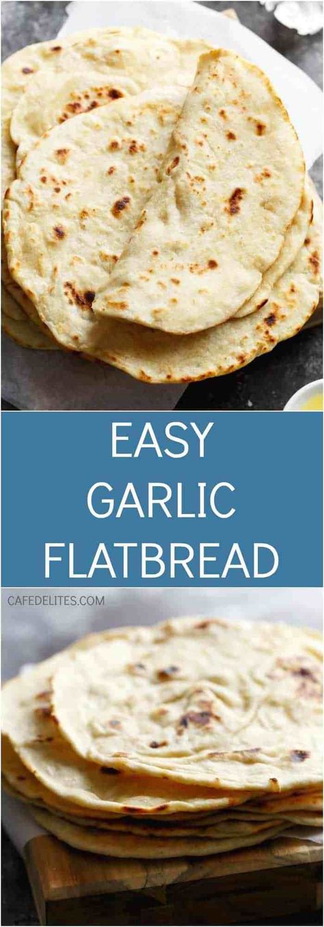 An incredibly easy flatbread recipe with a subtle kick of garlic for extra flavour! | https://cafedelites.com Garlic Flatbread Recipe, Soft Flatbread Recipe, Homemade Flatbread Recipes, Garlic Flatbread, Easy Flatbread Recipes, Keto Bread Recipe, Keto Friendly Bread, Easy Flatbread, Homemade Flatbread