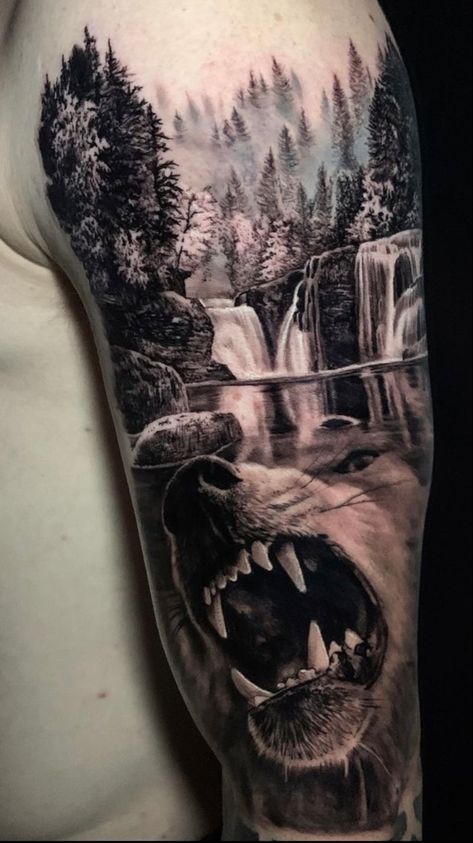 Favorite Labrador Nero, Waterfall Tattoo, Natur Tattoo Arm, Wilderness Tattoo, Outdoor Tattoo, Wildlife Tattoo, Wolf Tattoos Men, Animal Sleeve Tattoo, Tier Tattoo