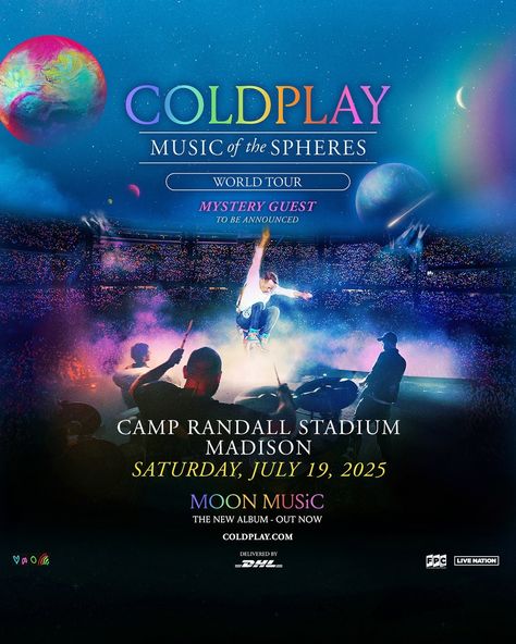 Wisconsin Badgers | JUST ANNOUNCED 🪐 COLDPLAY: Music Of The Spheres World Tour 2025 at Camp Randall Stadium on Saturday, July 19 💚❤️ | Instagram Coldplay Tour, Narendra Modi Stadium, Music Of The Spheres, Coldplay Music, January 2025, Pop Rock Bands, Wembley Stadium, Tour Posters, College Fun