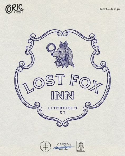 Damjan I Brand Identity on Instagram: "🏨 Brand design for a boutique inn and tavern in Litchfield, CT. The client envisioned a classic, almost historical design with a touch of whimsy. 🦊 I created an emblem logo that reinforces the brand name based around a fox holding a key in its mouth. To play up the brand’s heritage feel, the graphic is placed inside an antique, decorative frame. 🪶 The main typeface is a customized font inspired by geometric shapes, Romanesque typography and 19th-century ephemera. For the colors, we decided to keep things simple and sophisticated with a palette of dark blue and off-white. 🚀 Once the master logo was finalized, I developed a set of logo variations for use in different contexts, as well as 3 branded graphics, a brand pattern, and business station Antique Design Graphic, 18th Century Design, Old Logo Design Vintage, Classical Logo Design, Historical Logo Design, Vintage Signage Design, Crest Logo Design Modern, Logo Design Classic, Artisan Logo Design