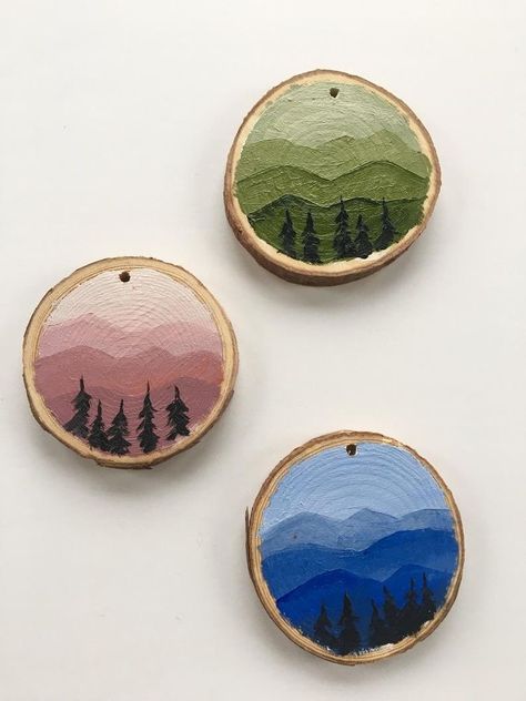 Minimalist Hairstyles, Mountain Oil Painting, Oil Painting On Wood, Wood Slice Crafts, Wood Slice Art, Office Decorations, Wood Painting Art, Wood Slice Ornament, Wood Burning Art