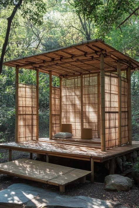 Bamboo Screening Ideas, Bamboo Villa, Wood Pavilion, Zen Retreat, Glamping Inspiration, Shoji Screens, Homestead Decor, Elevated Gardening, Bamboo Screening