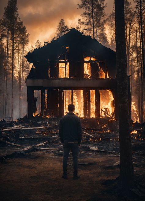 A sad man standing in front of a burnt down home in a forest, stunning details, 8k Burnt House Aesthetic, Burnt House Ruins, Burnt Down House, Burnt Forest, Burning Building, Photorealistic Portraits, House On Fire, Book Vibes, Water Sunset