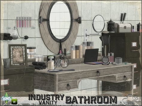 https://www.thesimsresource.com/artists/BuffSumm/downloads/details/category/sims4-sets-objects-bathroom/title/bathroom-industry--the-vanity/id/1375132/ Cozy Industrial Decor, Sims 4 Cc Furniture Living Rooms, Modern Industrial Living Room, Industrial Decor Living Room, Very Small Bathroom, Industrial Chic Style, Mod Furniture, Small Bathroom Vanities, Industrial Livingroom