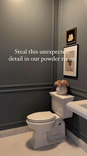 High Gloss Powder Room, Powder Bathroom Accent Wall, Powder Room Moulding Ideas, Marble Baseboard In Bathroom, Molding Powder Room, Wainscoting Small Bathroom, Moody Powder Bathroom, Fun Powder Room Ideas, Marble Baseboard