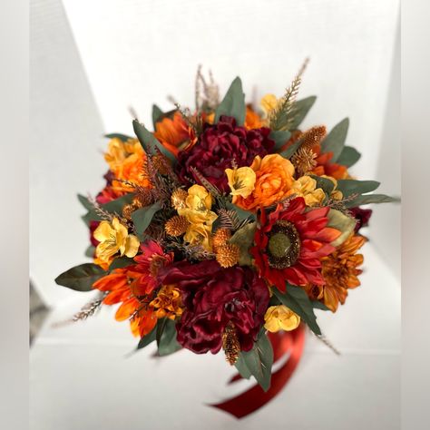 Professionally Made, Never Used Xl Wedding Bridal Bouquet With One Matching Pocket Square Boutonniere And One Wrist Corsage. Perfect For Small Ceremony Or Elopement. Rust And Teal Bouquet, Dark Fall Bouquet, Fall Sunflower Wedding Bouquet, Marigold Bouquet Wedding, Fall Wedding Boutonniere, Halloween Wedding Bouquet, Bridesmaid Flower Bouquets, Wild Flower Bouquet Wedding, Fall Wedding Bouquets October