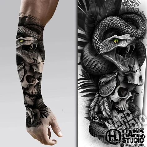 #skulltattoo #skull #inked #snaketattoo #snake #tattoodesign #hardstudio #tattooidea #forearmtattoo #forearm Tattoo Designs Snake, Snake Skull, Tattoo Desings, Custom Tattoo, The Order, Forearm Tattoo, Tattoo Design, Feathers, Tattoo Designs