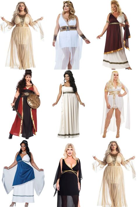 Graphic showing 8 different plus size goddess costumes, including greek and roman goddesses, goddess in black dress, etc. Goddess Costume Ideas, Goddess Costumes, Plus Size Goddess, Plus Size Costume, Greek Goddess Costume, Plus Size Halloween Costume, Plus Size Cosplay, Witch Costumes, Plus Size Costumes