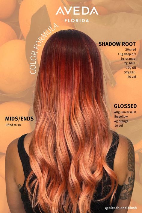 Color Melting Hair, Aveda Hair Color, Red Orange Hair, Aveda Hair, Aveda Color, Colored Hair Tips, Hair Color Formulas, Hair Techniques, Beautiful Hair Color