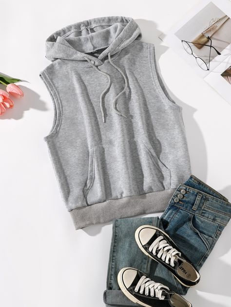 Light Grey Casual  Sleeveless Polyester Plain Pullovers  Slight Stretch Summer Women Sweatshirts Sleeveless Sweatshirt Outfit, Sleeveless Hoodie Outfit, Sleeveless Hoodie Women, Hoodie Hacks, Biker Outfits, Sleeveless Sweatshirt, Cyberpunk Clothes, Biker Outfit, Stylish Men Casual