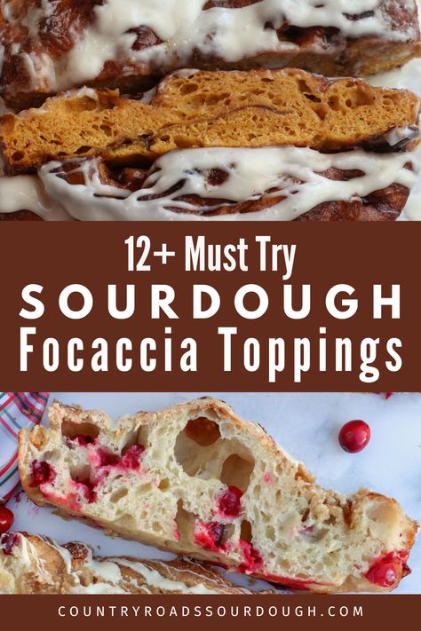 If you love sourdough focaccia you've got to try these unique focaccia toppings and flavors. With easy to follow, beginner-friendly recipes, you can make any of these recipes in just one day! Sticky Pecan Sourdough Focaccia, Cinnamon Sugar Focaccia Sourdough, Sourdough Cinnamon Focaccia Recipe, Focaccia With Cheese, Chocolate Chip Focaccia, Same Day Focaccia Bread Recipe, Focaccia Bread Flavors, Focaccia Bread Topping Ideas, Sweet Sourdough Focaccia Bread