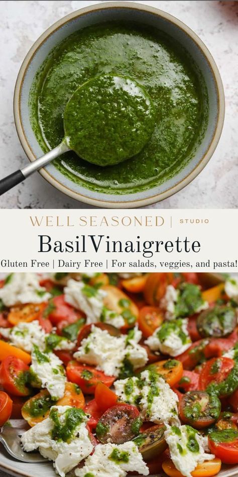 This homemade Basil Vinaigrette is our go-to summer salad dressing! It's light, vibrant, and delicious over so much more than salad! Try it with grilled seafood or meats, roasted veggies, tossed with pasta, on sandwiches, or even as a dip! We promise you will not miss the mayo. Make this versatile vinaigrette today, then enjoy for up to 2 weeks. Loved by all! GF, DF, Vegan #wellseasonedstudio #basilvinaigrette #basildressing #saladdressing #vinaigrette Tomato Basil Vinaigrette Dressing, Basil Pesto Vinaigrette Recipe, Italian Salad With Sweet Basil And Onion Dressing, Sweet Basil Vinaigrette Dressing, Lemon Herb Vinaigrette Salad Dressings, Basil Vinaigrette Dressing, Kale Salad Dressing, Tomato Mozzarella Salad, Basil Vinaigrette