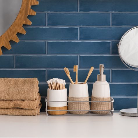 Merola Tile Castillo 3" x 12" Ceramic Subway Wall Tile | Wayfair Blue Tile Kitchen Backsplash, Blue Subway Tile Kitchen, Kitchen Blue Backsplash, Fun Kitchen Backsplash, Blue Kitchen Backsplash, Blue Tile Backsplash Kitchen, Blue Backsplash Kitchen, Adu Ideas, Blue Kitchen Tiles