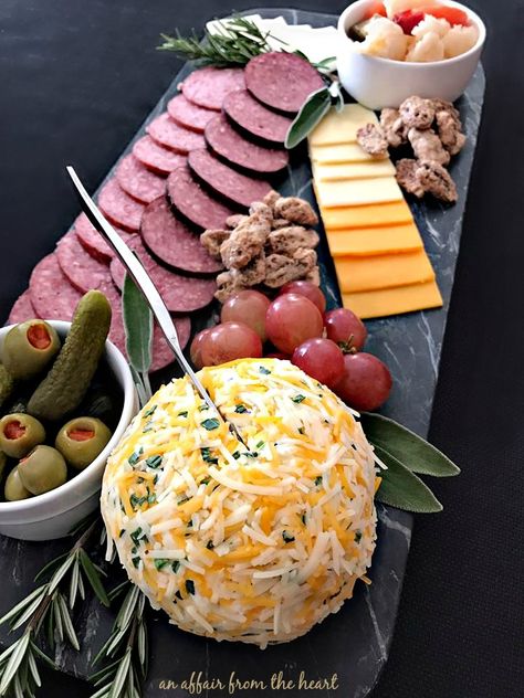 Summer Sausage Cheese Ball Cheeseball Platter Ideas, Cheese Ball Platter Ideas, Summer Sausage Charcuterie Board, Ball Cheese, Cheese Ball Dip, Sausage Cheese Balls, Avocado Shrimp, Sausage Appetizers, Summer Sausage