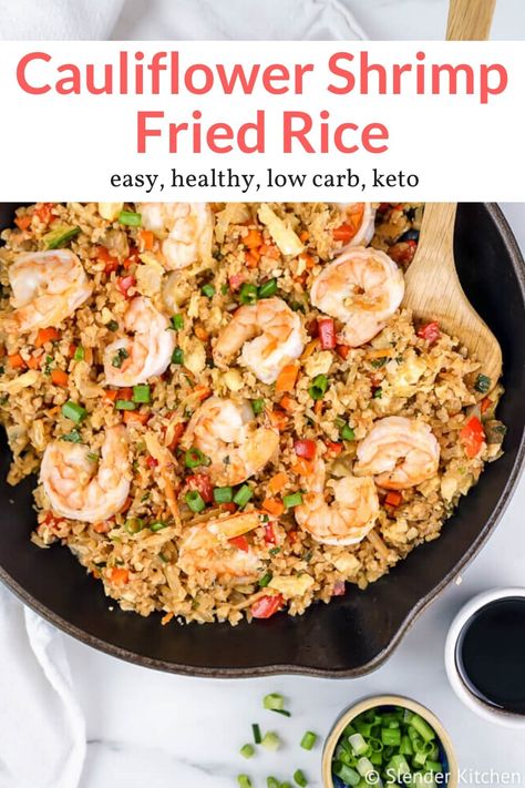 The tastiest Shrimp Cauliflower Fried Rice that's ready in less than 15 minutes! Made with cauliflower rice, fresh or frozen shrimp, and fresh vegetables. Perfect for dinner or as a side dish, this healthy recipe form Slender Kitchen is MyWW SmartPoints compliant and is gluten free, low carb and Whole30. #kidfriendly #makeahead #quickandeasy Cauliflower Shrimp Fried Rice, Keto Fried Rice, Shrimp Cauliflower Fried Rice, Fried Rice With Shrimp, Shrimp Cauliflower, Keto Chinese, Rice With Shrimp, Slender Kitchen, Cauliflower Fried