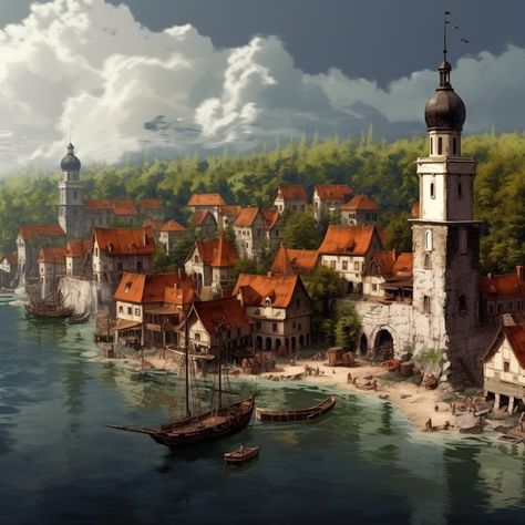 Dnd Town Art, Dnd Coastal Town, Dnd Seaside Town, Port Village Fantasy Art, Fantasy Town Art, Town Fantasy Art, Port Town Fantasy Art, Port Town Concept Art, Fantasy Medieval Town