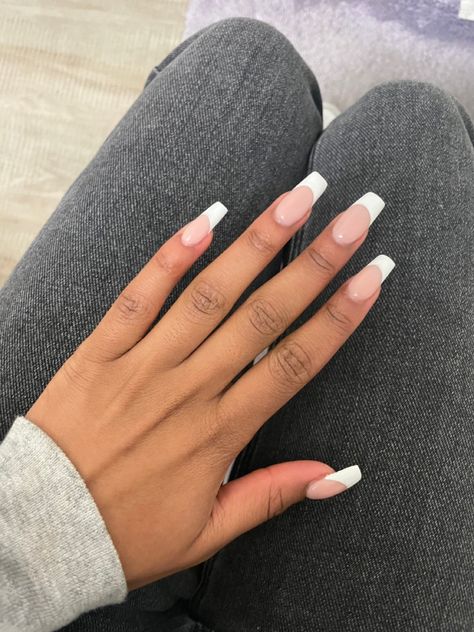 Full Set White Tip Nails, Coffin Nail Frenchies, Coffin White French Tip, Thick French Tip, French Tip Long Nails, French Tips Coffin, French Tip Coffin Nails, Long French Tip Nails, White French Nails