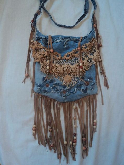 (263) Handmade Denim CrossBody Bag Boho Hippie Purse Beaded Leather Fringe Lace tmyers Tas Denim, Jean Purses, Hippie Purse, Estilo Hippy, Blue Jeans Crafts, Denim Crossbody, Estilo Hippie, Denim Handbags, Denim Purse