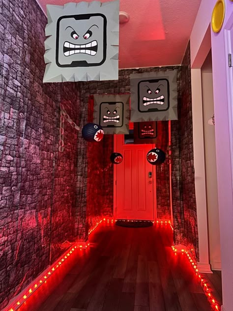 Bowser Birthday Party Decorations, Bowsers Castle Decoration, Mario Brothers Halloween Decorations, Mario Hallway Decorations, Bowser Castle Decoration, Mario Halloween Party, Mario Castle Diy, Bowsers Castle Diy, Mario Halloween Decorations