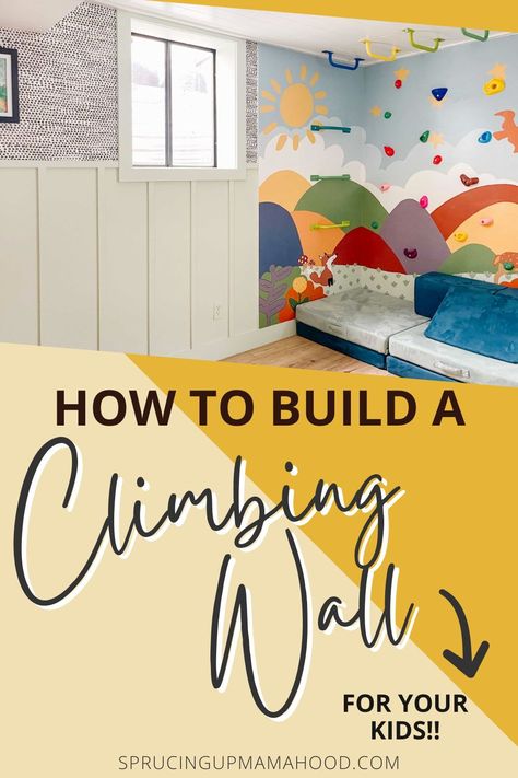 Bring creativity and adventure into your playroom with this DIY climbing wall and colorful mural! Our detailed step-by-step guide makes it easy to build a fun and safe climbing wall for your kids. Enhance your playroom with vibrant colors and interactive elements that toddlers will love. Learn how to create an exciting indoor play space that encourages physical activity and imaginative play. Playroom With Climbing Wall, Playroom Climbing Ideas, Climbing Playroom, Climbing Wall Playroom, Climbing Wall Kids Room, Toddler Climbing Wall, Kids Climbing Wall, Indoor Play Space, Kids Rock Climbing