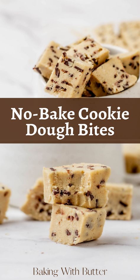 Satisfy your sweet tooth with these decadent no bake cookie dough bites. They're easy to make, require no baking, and are perfect when craving something sweet. No Bake Cookie Dough Bites, Cookie Dough Bark, Edible Cookie Dough Bites, Edible Chocolate Chip Cookie Dough, Chocolate Chip Cookie Dough Bites, No Bake Cookie, Edible Cookie Dough Recipe, No Bake Cookie Dough, Cookie Dough Bars