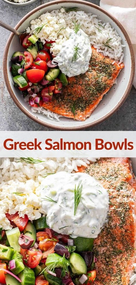 Greek Salad Feta, Healthy Rice Bowl, Salmon Greek, Greek Salmon, Salad Feta, Rice Bowls Healthy, Seasoned Salmon, Salmon Bowls, Mediterranean Salmon