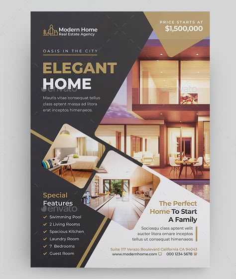 Real Estate Flyer Template is a stylish and elegant layout that can help you to connect with potential clients. This versatile flyer can be modified in PSD. Neon Poster, Inmobiliaria Ideas, Flyer Inspiration, Brochure Design Layout, Real Estate Marketing Design, Flyers Design, Flyer Design Layout, Desain Editorial, Real Estate Flyer Template