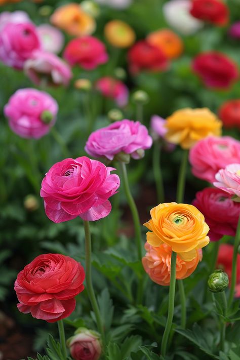 The Persian Buttercup is admired for its layers of delicate, ruffled petals in a rainbow of colors. Perfect for borders, containers, or as cut flowers, these blooms bring cheer and sophistication to gardens and floral arrangements.  Light: Full sun. Water: Keep soil evenly moist but not saturated. Soil: Rich, well-draining soil. Temperature: 50-70°F (10-21°C). Humidity: Moderate, prefers cooler temperatures. Fertilizer: Feed with a balanced fertilizer every 2 weeks during the growing season.Ideal for spring planting or early autumn in warmer climates.  Ideal for spring planting or early autumn in warmer climates. Persian Buttercup Flower, Ranunculus Asiaticus, Buttercup Flowers, Persian Buttercup, Spring Planting, Buttercup Flower, Sun Water, Early Autumn, Ranunculus