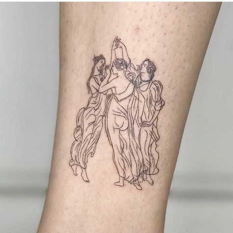 Three Graces Tattoo Botticelli, Tattoos For History Lovers, Three Fairies Tattoo, 3 Graces Tattoo, Fine Line Detailed Tattoos, Fine Line Desert Tattoo, The Three Graces Tattoo, Impressionist Tattoo, The Muses Tattoo