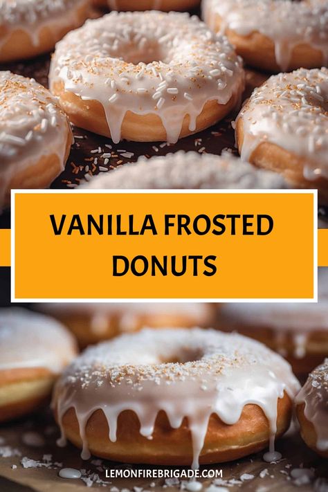 Indulge in the timeless joy of vanilla frosted donuts that are a true classic. Vanilla Donut Frosting, Not Too Sweet Vanilla Frosting, Vanilla Frosted Donut, Vanilla Cake Donuts With Strawberry Glaze, Chocolate Frosted Donuts Recipe, Donut Frosting, Strawberry Frosted Donut Recipe, Vanilla Cake Frosting, Homemade Vanilla Frosting