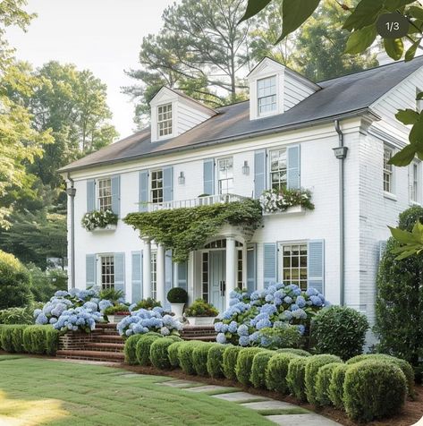 Harbor Blue House | The home of (everyone’s) dreams 💙🤍 That garden… those shutters… Happy Monday, friends! Courtesy of @old_line_home by Rachel… | Instagram Colonial House Exteriors, Floral Chintz, Blue Shutters, Chintz Fabric, Dream Life House, Blue Chinoiserie, White Picket Fence, Up House, Cute House