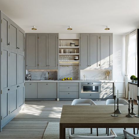 mix of slab front and shaker cabinet fronts.  Nice! Swedish Kitchen, Серая Кухня, Cheap Kitchen Cabinets, Kabinet Dapur, Wood Kitchen Cabinets, Classic Kitchens, Grey Kitchens, Grey Cabinets, Design Del Prodotto