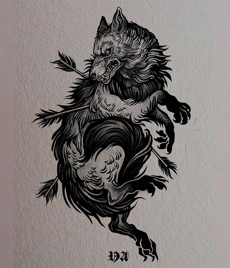 50 Ferocious Designs and Illustrations Featuring Wolves Cerberus Dog Tattoo, Medieval Wolf Tattoo, Torso Tattoo Ideas, Blackwork Tattoo Flash, Illustrative Blackwork, Fenrir Tattoo, 16 Tattoo, Medieval Tattoo, Inspiration Tattoos