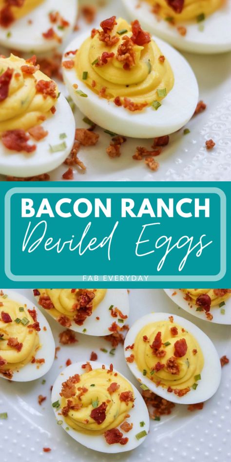 If you’re a ranch and bacon lover like me, you need today’s recipe for ranch deviled eggs with bacon in your life. Take your Easter or party menu up a notch with these deviled eggs with a twist! Bacon Ranch Deviled Eggs are a deliciously unique deviled egg idea, and are very easy to make. Click or vist FabEveryday.com for the full deviled eggs recipe. Bacon Ranch Deviled Eggs, Ranch Deviled Eggs, Thanksgiving Deviled Eggs, Easter Deviled Eggs, Devilled Eggs Recipe Best, Deviled Eggs Recipe Classic, Devilled Eggs, Best Deviled Eggs, Deviled Eggs Easy