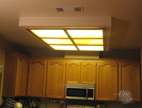 Removing a Fluorescent Kitchen Light Box via TheKimSixFix.com Fluorescent Kitchen Lights, Flourescent Light, Kitchen Lighting Over Table, Lighting Makeover, Kitchen Box, Box Light, Kitchen Ceiling, Kitchen Lighting Fixtures, Trendy Kitchen