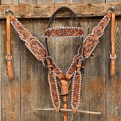 "Browband, one ear and breastcollar is light oil leather with floral tooling and white whipstitch.  Full Horse size Measurements   Headstall measurements : bit to bit - 36\" shortest setting :  44\" longest setting Browband measures 15\" across Breastcollar measurements - From Center Ring to D Ring -16\" Breastcollar including toggles : shortest settings - 26\" :  Longest settings -29\" Perfect for any barrel racing and rodeo event. Can easily be customized with conchos, buckles, flower and fringe. Custom upgrades available upon request. Message us today to learn more! BROWBAND TACK SET- $268.00 ONE EAR TACK SET- $254.00" Barrel Racing Aesthetic, Western Tack Sets, Barrel Racing Tack Sets, Barrel Racing Tack Rodeo, Bling Tack, Horse Jokes, Wither Strap, Western Stuff, Rodeo Events