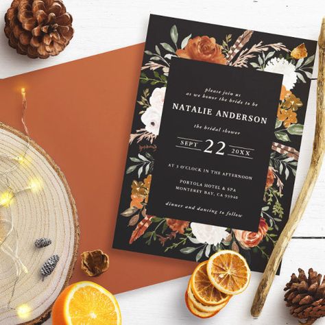 Black Terracotta Floral Rustic Bridal Shower Invitation #zazzle #weddinginvitations #birthdayinvitations #babyshowerinvitations #zazzleinvitations #monogram #businesscards #graduation #homedecor Black Orange Green Wedding, Black Rustic Wedding, Rust Wedding, Rusting Wedding, Wedding Announcement Cards, Rustic Bridal Shower Invitations, Terracotta Wedding, Orchid Wedding, Sage Green Wedding