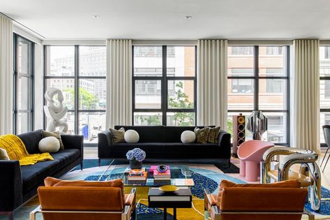 Arcade Interior, Colony House, Tribeca Apartment, Mansion Living, Chrome Chair, Black Side Table, Black Sofa, White Sofas, Dining Table Marble