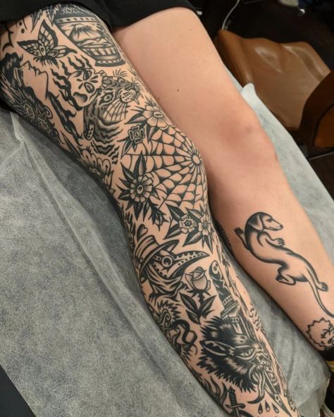 American Traditional Shin Tattoo, Traditional Shin Tattoo, Traditional Tattoo Leg Sleeve, Traditional Sleeves, Traditional Tattoo Black And Grey, Traditional Tattoo Black And White, Traditional Black Tattoo, Shin Tattoo, Traditional Tattoo Inspiration