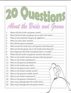 No cheesy games found here Wedding Guest Questions, Wedding Quizzes, Questions About The Bride, Bridal Shower Question Game, Bridal Shower Questions, Wedding Trivia, Fun Bridal Shower Games, Couples Bridal Shower, Bridal Games