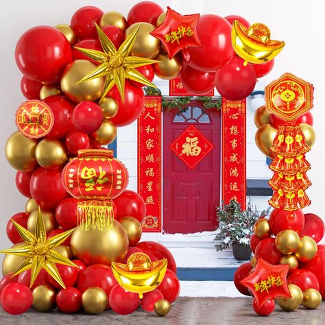 PRICES MAY VARY. Packaging Include:110pcs latex balloon(red, metallic gold),2pcs 18in happy new year foil balloons,1pcs 15.7*11.8in bring in wealth and treasure foil balloons,14pcs 18.1*5.9in cone foil balloons,1pcs 32.2*11.8in firecracker foil balloons,1pcs 20*27in Fu character foil balloons,2pcs 15.3*12.9in Yuanbao foil balloons,1 pcs balloon chain(16ft) and 1 roll of balloon glue dots. Traditional Chinese Red Design:Red gold balloons with lanterns, firecrackers, Fuzi, Yuanbao and other Chines Asian Balloon Decor, Festival Balloons, New Year Party Decorations, Gold Rabbit, Chinese Party, Chinese Spring Festival, Japanese Party, Rabbit Year, Party Decorations Balloons