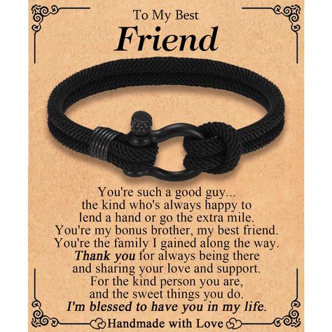 PRICES MAY VARY. Best Friend Gifts for Men: The buckle combining with braided rope likes hands, just like you are holding his hand. Send this bracelet for your best friend, to tell him that you will always be there. When he wear this bracelet, he will never forget how much he means to you. Perfect gifts ideas for male friends Sweet Package: Best friend gift comes with a cool bracelet, a sweet message card, a blank greeting card with an envelop and a delicate gifts box. Sweet gifts ideas for best Message For Male Bestie, Gift For Male Bestfrnd, Birthday Gifts For Male Friend, Gift Ideas For Male Bestie, Birthday Gifts For Boy Best Friend, Gift For Best Friend Boy, Gifts For Boy Bestie, Gifts For Male Friend, Gifts For Male Friends