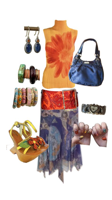 beachy hippie maximalist orange and blue long skirt outfit Whimsical Maximalist Outfit, Blue Long Skirt Outfit, Maximalist Summer Outfits, Maximalist Clothes, Earthy Coquette, Spicy Outfits, Blue Long Skirt, 2025 Outfits, Maximalist Outfit